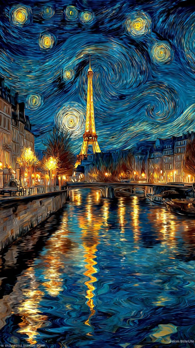 Nuit etoilee ciel tour eiffel paris france urbain eau reflet pont batiments architecture rue lampes bateaux Scène nocturne avec la Tour Eiffel au centre. La tour est représentée de manière stylisée, avec sa structure en treillis emblématique éclairée contre un ciel de nuit vibrant et tourbillonnant. Le ciel est peint en bleus profonds et jaunes, avec des motifs tourbillonnants rappelant 