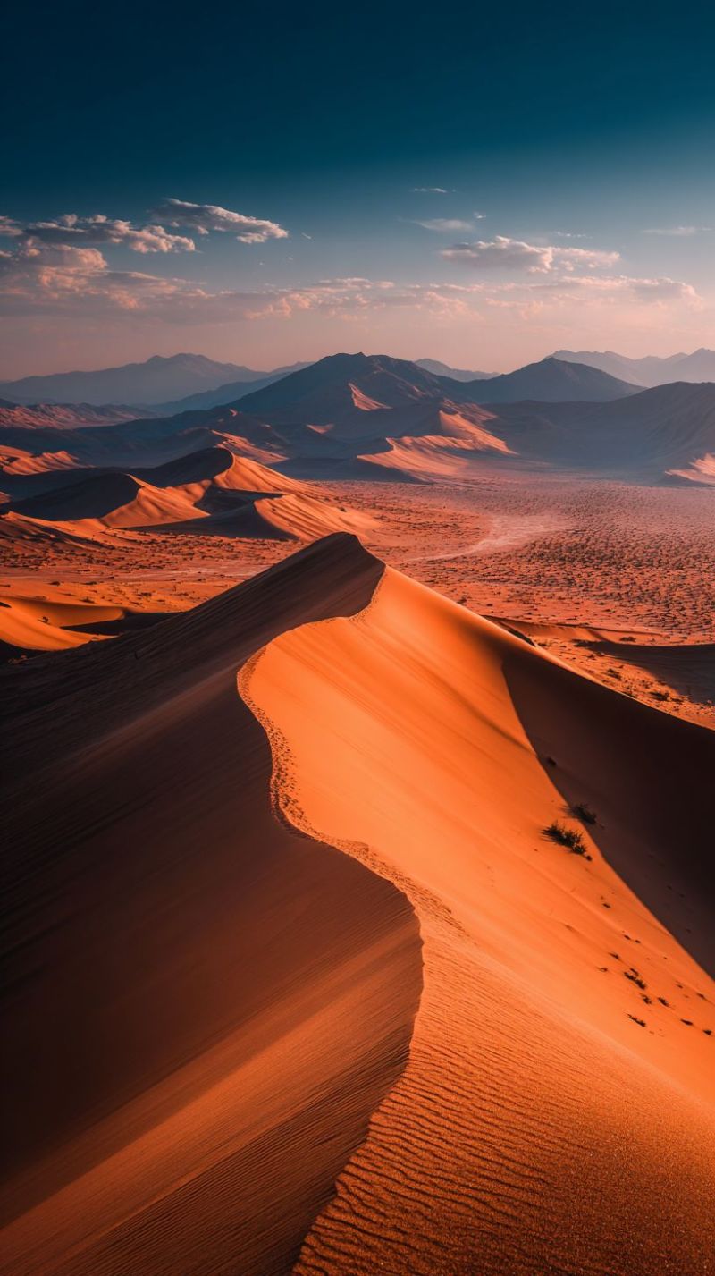 Desert sand dunes mountains sky clouds sunset orange horizon valley rocks nature wilderness outdoors travel adventure scenery environment vast desert landscape with large, sweeping sand dunes under a clear blue sky. The dunes are golden-orange, with intricate patterns and shadows cast by the setting sun. The sky is a deep blue with scattered clouds, and the sun's rays create a warm, golden glow over the dunes. In the distance, a range of mountains with rugged terrain is visible, adding depth to the scene. The desert floor is mostly barren, with sparse vegetation.