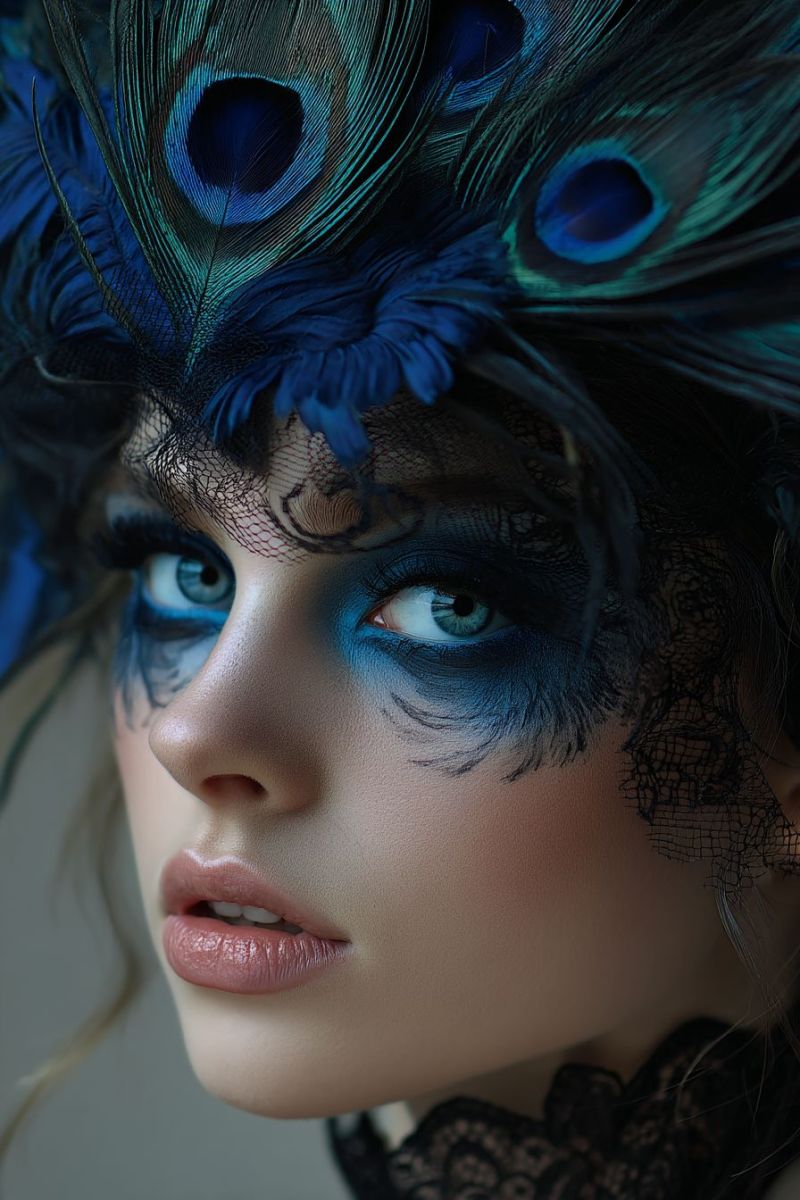 Woman makeup feathers peacock blue eyes eyeshadow mascara eyeliner lips hair hairstyle A close-up portrait of a woman with striking blue eyes and a dramatic makeup look. She has a black lace mask covering her face, with intricate designs around her eyes. Her eyes are heavily lined with blue eyeshadow, and her lips are painted in a soft pink shade. She wears a peacock feather headdress with vibrant blue and green feathers, adding to the mystical and enchanting atmosphere of the image.