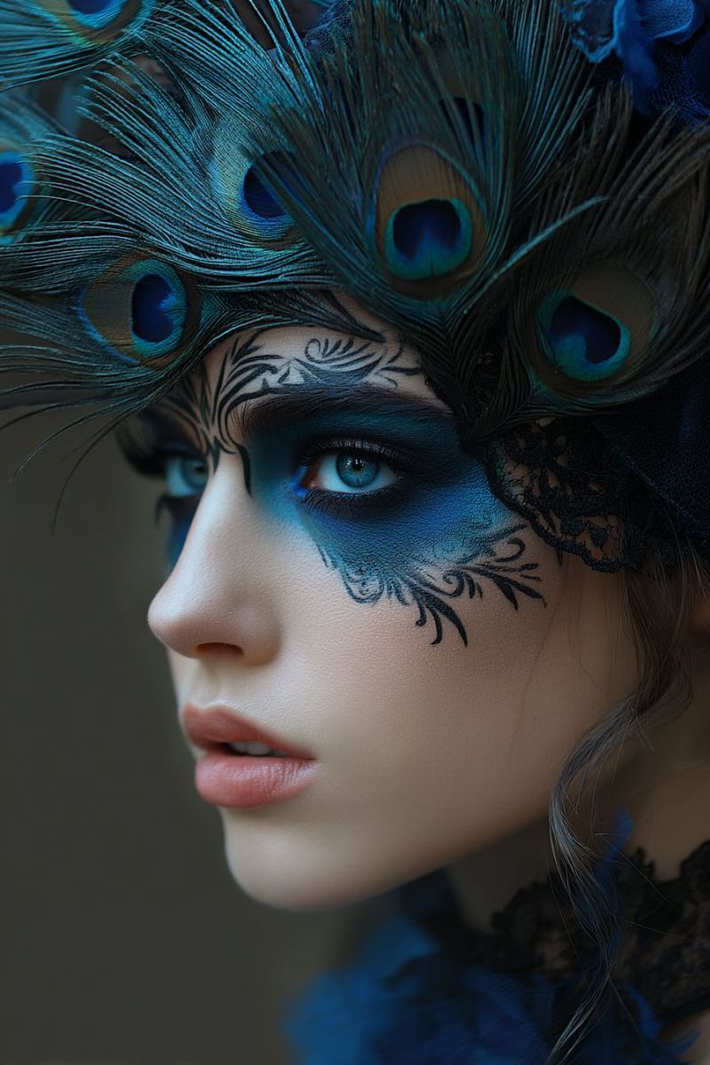 Woman peacock feathers makeup beauty fashion accessories jewelry hair hairstyle costume eye paint painting design A woman with striking blue eye makeup and a peacock feather headdress is looking directly at the camera. Her face is adorned with intricate black designs around her eyes, blending into her blue eye makeup. Her lips are painted in a soft pink, and she has a lace collar around her neck. The background is blurred, focusing attention on her face and the peacock feathers.