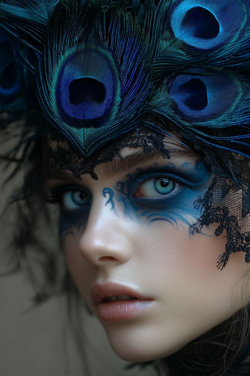 Peacock feather eye makeup beauty fashion accessory hair head eyebrow eyeliner eyeshadow paint A close-up portrait of a woman with striking blue eyes and a dramatic makeup look. She wears a black lace mask that covers her face partially, leaving her eyes and lips visible. Her face is painted with blue and black designs, adding to the mysterious and artistic vibe. Her hair is styled with peacock feathers, predominantly blue and green, cascading down her back. The feathers are intricately arranged, creating a vibrant and eye-catching contrast against her face. The overall effect is both elegant and mystical, with a focus on the woman's expressive eyes and the intricate details of the peacock feathers.
