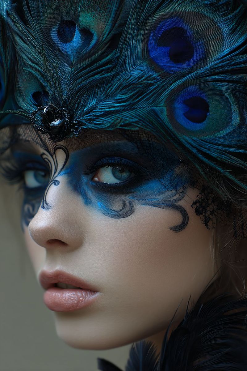 Peacock feather makeup eye feathers eyes design drawing painting A close-up of a woman's face with dramatic makeup and a peacock feather headdress. The woman has blue and black eye makeup with intricate designs, and her lips are painted in a soft pink shade. Her face is framed by a black lace veil, and she has a peacock feather headdress with blue and green feathers. The woman's skin appears smooth and flawless, and her eyes are slightly closed, giving her a mysterious and alluring look.