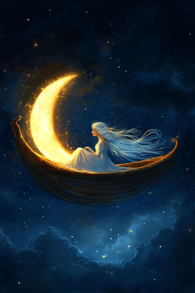 Fantasy romantic moonlit boat woman dreamy night sky starry cosmo sailboat calm sea glowing moonlight luna star nautical nighttime This image portrays a serene night scene. At the center, there's a woman sitting in a small boat that's floating on a body of water. She has long hair and is wearing a white dress. She appears to be looking out into the distance with a peaceful expression. In the background, the moon casts its glow from above, creating a tranquil atmosphere. The sky around her is filled with stars, suggesting that she might be in a location far from city lights. There's a gentle breeze blowing in the scene, and a calm demeanor pervades the entire image.