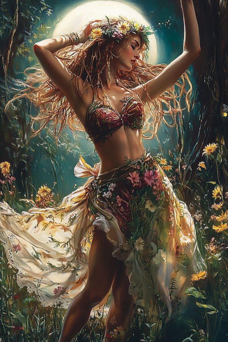 Woman flowers dress hair moon night forest fantasy painting beauty nature jewelry flower crown In a lush, moonlit forest, a woman stands gracefully, her body adorned with flowers. She wears a floral crown and a flowing dress that blends with the greenery around her. Her hair cascades down her back, and she has a tattoo on her shoulder. Her arms are raised, and she appears to be dancing or posing. The background is filled with tall trees and vibrant flowers, and the moon casts a soft glow over the scene.