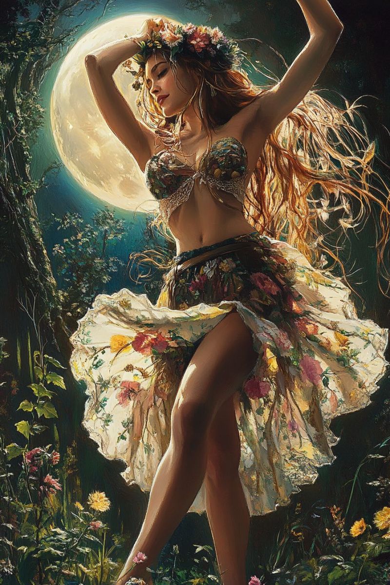 Woman dress flowers moon night fantasy painting girl design A woman with long, flowing hair stands in a lush, moonlit garden. She wears a floral dress adorned with various flowers, and her hair is crowned with a wreath of colorful blossoms. Her arms are raised, and she appears to be dancing gracefully. The background features a large, glowing full moon, surrounded by trees and a carpet of flowers. The scene is bathed in a soft, ethereal light, creating a magical and enchanting atmosphere.