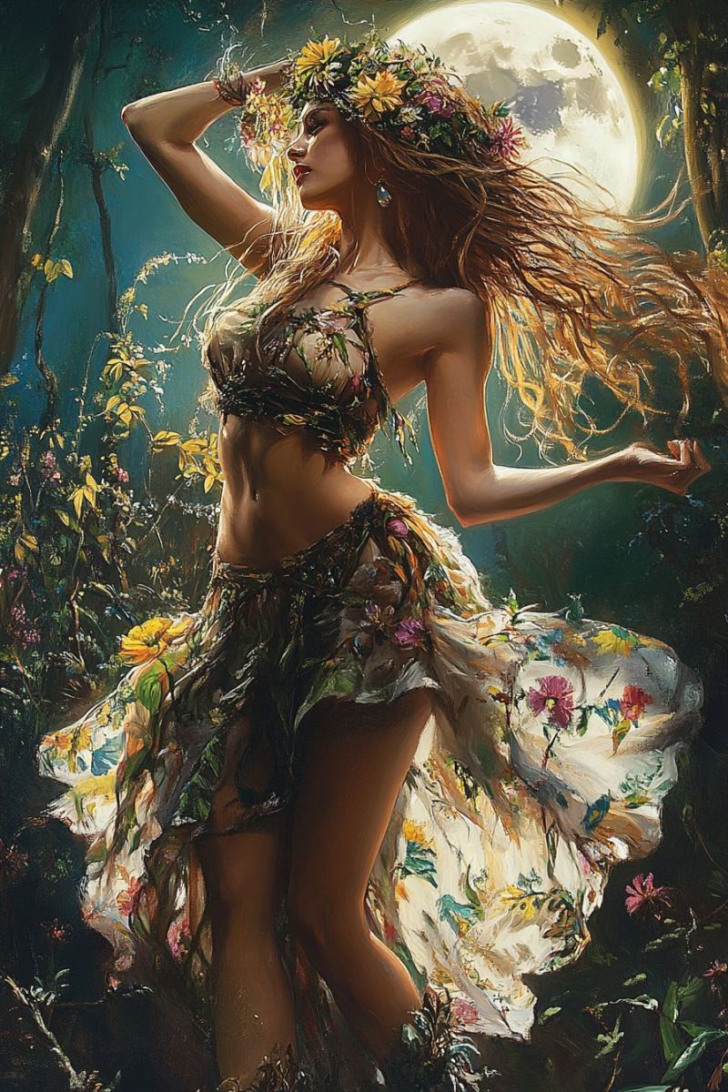 Woman forest moon flowers dress night fantasy painting girl design In a lush, moonlit forest, a woman stands gracefully, her long, flowing hair adorned with a crown of vibrant flowers. She wears a floral-patterned dress that flows around her, and a delicate, leafy bralette. Her arms are raised, one hand holding her hair, the other extended outward. The background is filled with a variety of flowers and plants, and a full moon illuminates the scene, casting a soft glow.