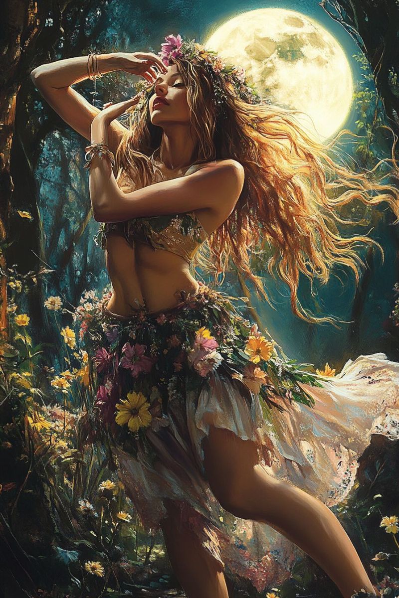 Woman moonlight fantasy painting night forest flowers jewelry bracelets hair flower crown floral dress girl A woman with long flowing hair stands in a lush, moonlit forest. She wears a floral crown and a dress made of flowers and leaves, her body adorned with bracelets and a necklace. Her hair cascades down her back, and she gazes upward, seemingly reaching for the full moon that illuminates the scene. The background is a vibrant mix of green trees and colorful flowers, creating a magical and enchanting atmosphere.