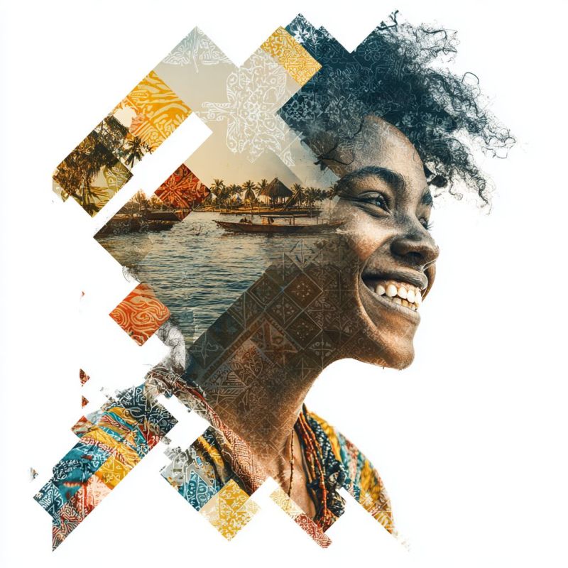 Femme sourire visage design texture forme geometrique creatif moderne beaute Une femme souriante aux cheveux bouclés est le point central de l'image. Elle porte une robe colorée à motifs et a un collier avec des perles. Son visage est partiellement couvert par un motif géométrique qui comprend diverses formes et couleurs. Derrière elle, il y a un collage d'images qui inclut une scène de plage sereine avec un bateau sur l'eau, une hutte et des palmiers. Le fond est un mélange de couleurs chaudes et froides, créant une atmosphère vibrante et vivante.