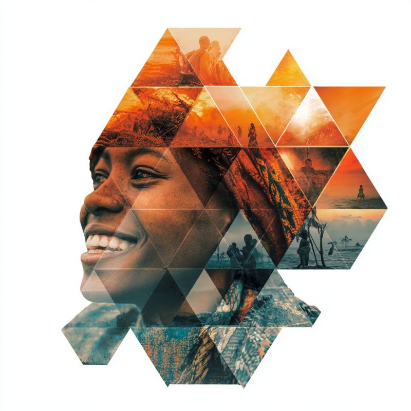 Beauty composition contrast design fashion female geometric happy modern mosaic pattern collage of geometric shapes, primarily triangles, forming a large, abstract portrait of a smiling woman. Her face is central, with her head tilted slightly to the left. The background behind her face is a vibrant mix of warm and cool colors, suggesting a sunset or sunrise. The triangles are filled with various scenes, including people in different settings, such as a beach, a forest, and a field. The overall composition is dynamic, with the woman's face being the focal point, surrounded by these vibrant, abstract shapes.