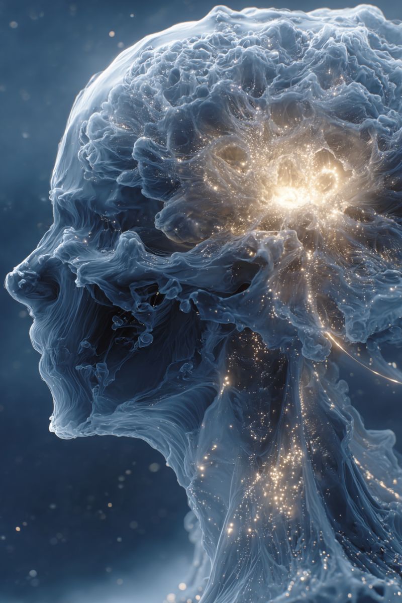 Blue brain cell concept fantasy glow head human medical microscopic neuron science skull human head with a surreal, abstract style. The head is predominantly blue, with a texture resembling flowing water or a liquid substance. The brain area is prominently displayed, with intricate, wavy patterns that suggest neural activity or thought processes. The eyes are closed, and the mouth is slightly open, giving a sense of calmness or introspection. The background is a deep blue, with faint, sparkling lights that add a mystical or ethereal quality to the scene. The overall effect is both scientific and artistic, blending elements of anatomy with imaginative design.