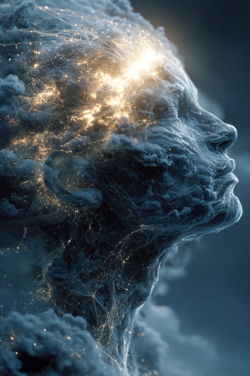 Blue cloud clouds concept dark design fantasy fire flame glow glowing lighting logo neon human face composed of swirling blue and white clouds, with a bright light source emanating from the forehead. The face is surrounded by a network of glowing lines that resemble neural connections or circuitry. The background is a deep blue, with scattered golden lights that add a mystical or ethereal quality to the scene. The face appears to be in motion, with the clouds and lights shifting and changing shape.