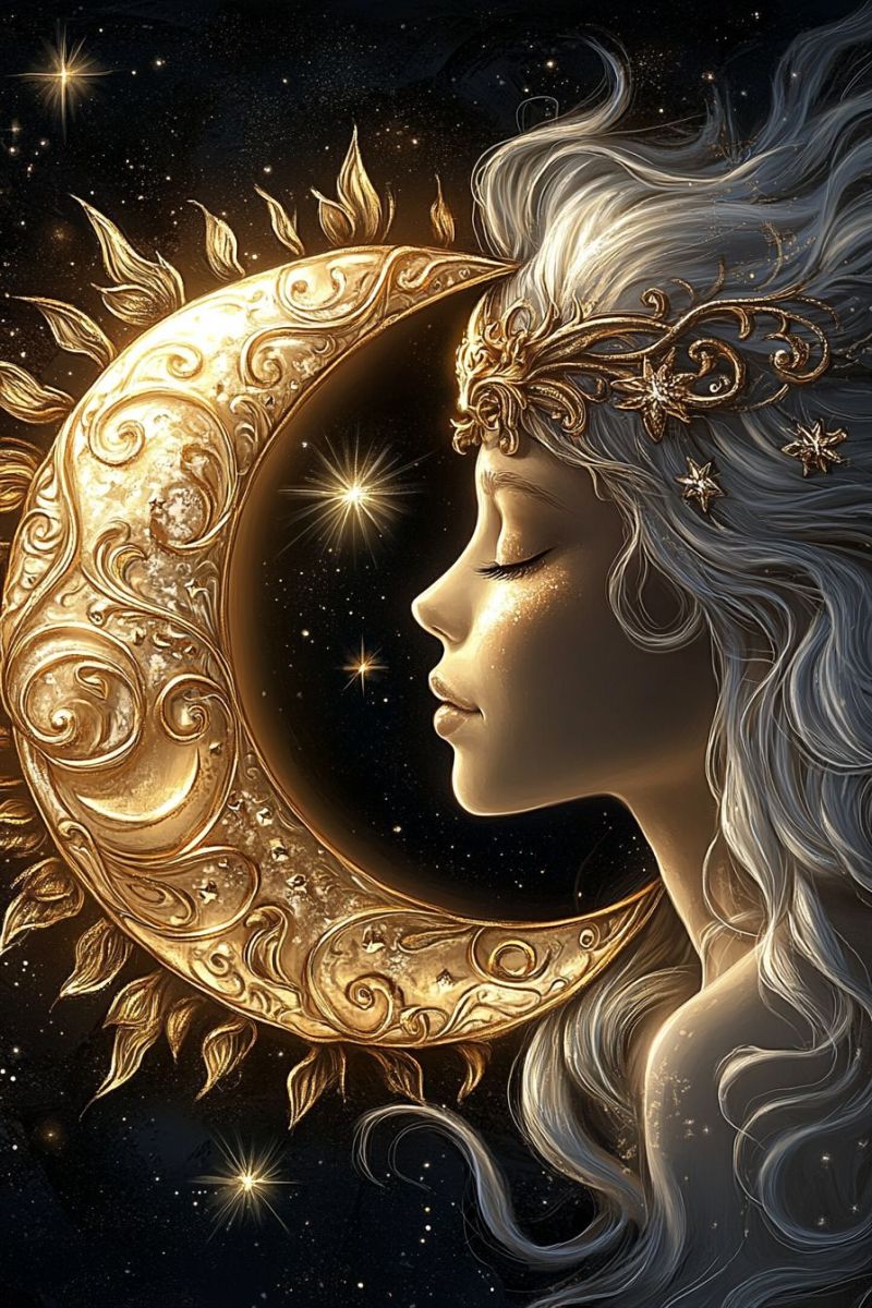 Moon phase fantasy celestial female golden crescent cosmic imagery serene atmosphere vintage astronomy poster astrological design night This image features a stylized, fantastical artwork. At the center of the image is a full moon with intricate patterns and designs on it, surrounded by a halo of light. The moon is encircled by celestial bodies such as stars and planets, suggesting a magical or otherworldly setting. Surrounding the moon, there are swirling cosmic elements like nebulae, creating an ethereal backdrop. The bottom half of the image showcases a person with long, flowing white hair and a serene expression, gazing towards the full moon. The person is adorned with delicate jewelry or accessories on their neck and head. The overall color palette consists mostly of blues, whites, and golds, contributing to the mystical atmosphere of the image. There are no visible texts within the image.