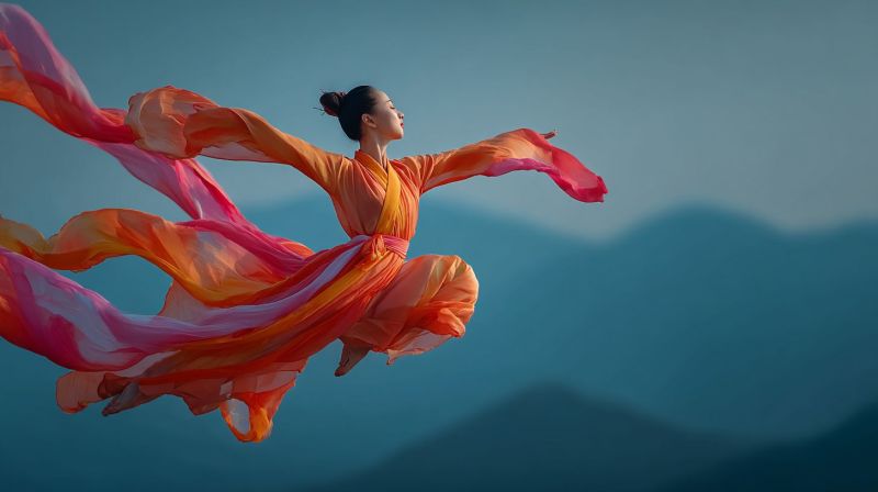 Femme robe montagne ciel voler sauter nuage beaute elegante grace liberte inspiration creativite imagination aspiration Une femme est en plein saut, bondissant avec grâce, les bras et les jambes écartés. Elle porte une robe fluide, aux couleurs vives d'orange et de rose qui flotte autour d'elle, captant la lumière et créant un sentiment de mouvement. Ses cheveux sont attachés et elle a l'air concentrée et déterminée. Le fond montre un ciel bleu serein et des montagnes au loin, doucement dessinées, suggérant un cadre naturel paisible.