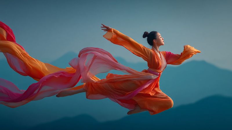 Femme robe montagne ciel vol performance culture tradition grace elegance beaute liberte inspiration Une femme est en train de sauter avec grâce en plein air, son corps formant un arc élégant. Elle est vêtue d'une robe fluide et vibrante, orange et rose, qui flotte autour d'elle, créant un sentiment de mouvement et de fluidité. Ses bras sont étendus vers l'extérieur, et ses cheveux sont attachés en chignon, ajoutant à la qualité dynamique et éthérée de l'image. Le fond présente un ciel bleu clair et des montagnes lointaines, contribuant à l'atmosphère sereine et majestueuse. L'expression de la femme est celle de la joie et de la liberté, capturant l'essence d'un moment de vol pur et joyeux.