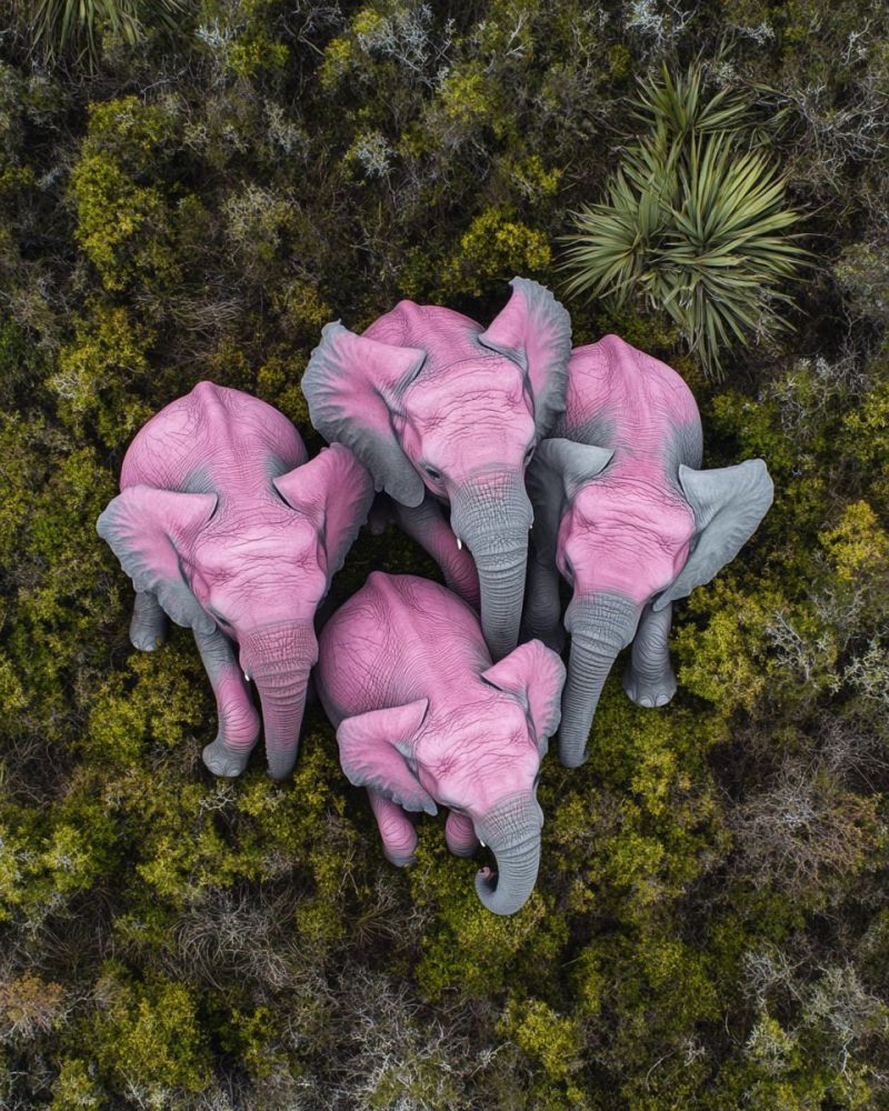 Elephants rose vie sauvage nature animaux groupe herbivores mammiferes conservation habitat danger sanctuaire protection D'une vue aérienne, un groupe d'éléphants à la peau rose est rassemblé dans une forêt luxuriante et verte. Les éléphants sont disposés en cercle, avec leurs trompes et leurs oreilles se touchant les unes les autres. La peau des éléphants est d'un rose vif, contrastant avec le feuillage vert qui les entoure. Les trompes des éléphants sont longues et grises, et leurs yeux sont petits et sombres. La forêt est remplie d'une variété de plantes, y compris de grands arbres et des arbustes. Les éléphants semblent détendus et à l'aise, sans signes de détresse ou d'inconfort.