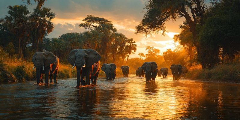 Faune africaine coucher soleil buffleau eau fleuve safari naturel ciel soir groupe elephants destination touristique Scène paisible de troupeau d'éléphant traversant un fleuve à l'aube ou au coucher du soleil, selon les teintes chaleureuses du ciel. Les éléphants se trouvent dans divers stades de leur parcours à travers l'eau, certains plongés complètement tandis que d'autres sortent juste de l'autre rive. Le fleuve est large et calme, avec des ruchements visibles qui indiquent le mouvement du courant. L'environnement environnant présente une vallée plane avec une faible florette de végétation, suggérant un habitat de savane ou de pâturage. Les longues herbes se dressent le long des berges du fleuve, ajoutant à l'atmosphère sauvage et naturelle de la scène. Il n'y a pas de structures humaines visibles ou d'artefacts dans cette image, mettant en évidence la présence de la faune et de la nature. Le ciel au-dessus est pour le plus clair avec quelques nuages épais, contribuant à la qualité tranquille et pittoresque de la photographie.
