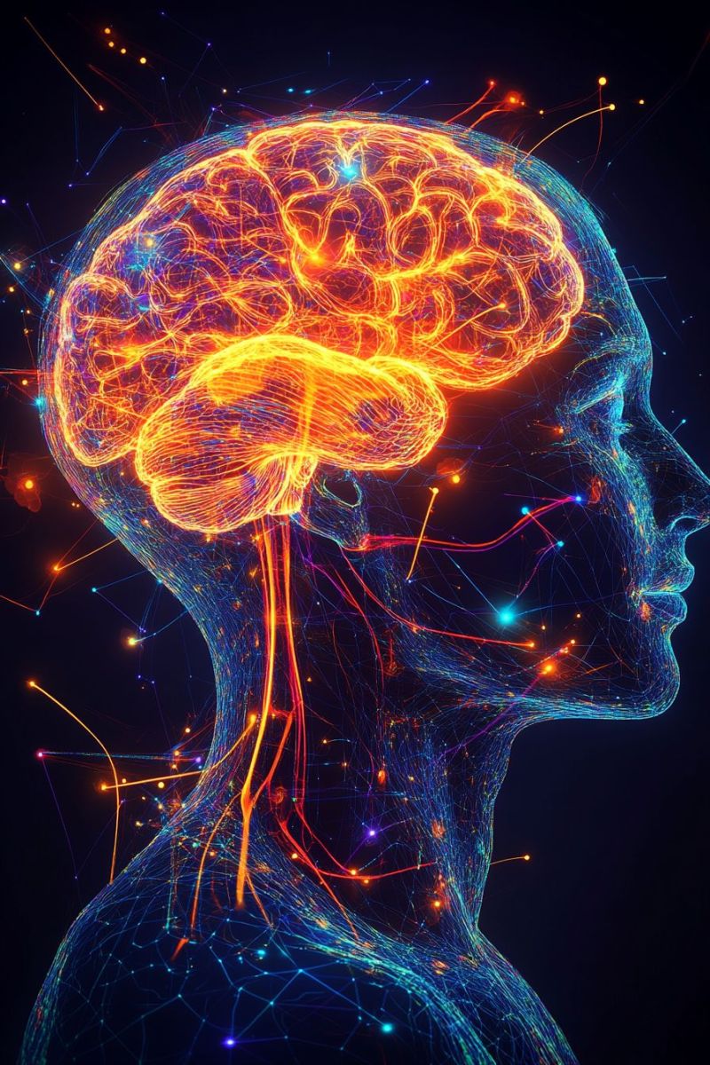 Brain human head glow fire electricity network connection technology science medical imagination stylized human head with a glowing brain. The brain is depicted in vibrant colors, primarily orange and yellow, with intricate, glowing lines that suggest neural activity. The brain is positioned at the top of the head, surrounded by a network of glowing lines that extend down to the neck and shoulders, symbolizing neural connections. The face is silhouetted and appears to be looking to the right. The background is dark, with scattered glowing dots and lines that add to the futuristic and technological feel of the image.