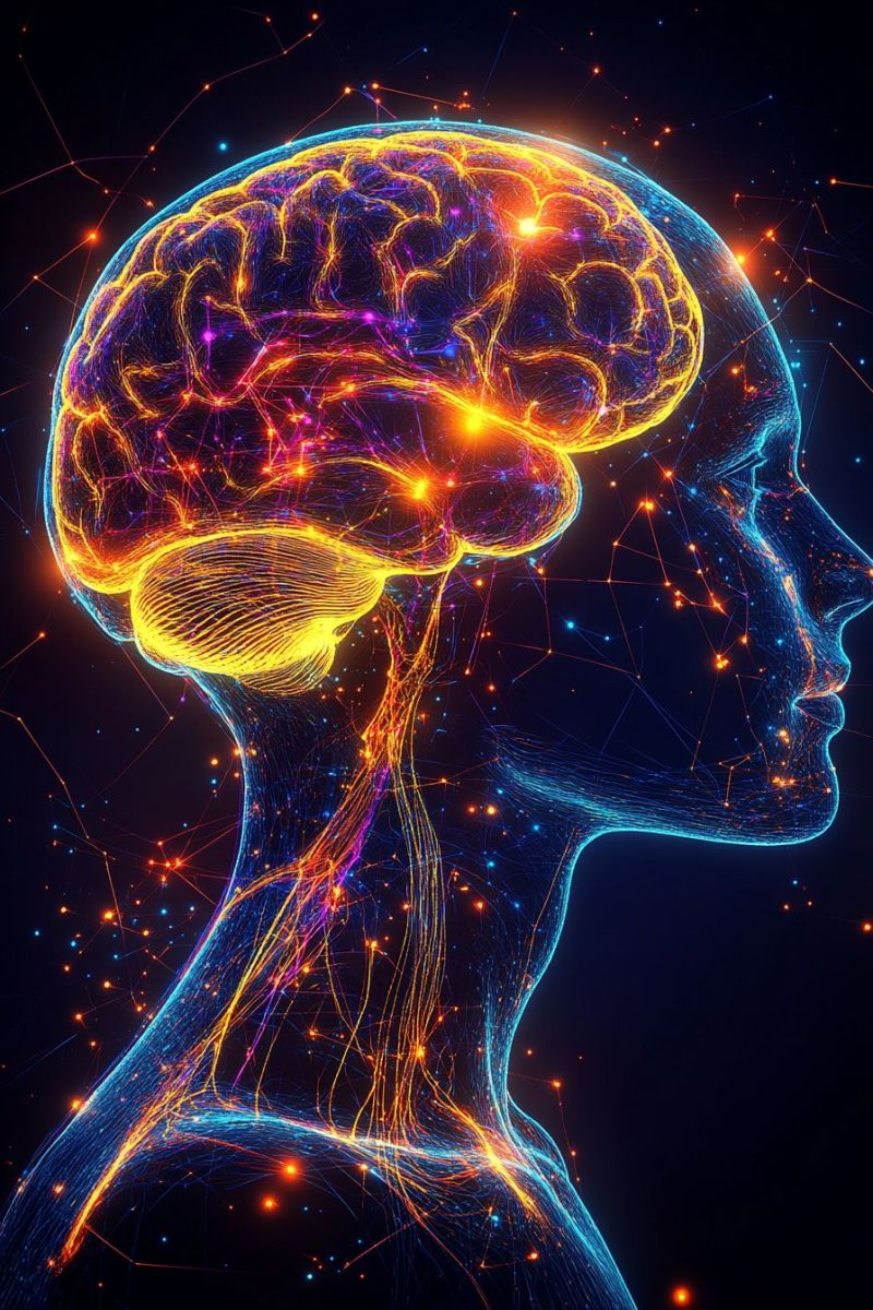 Brain human head technology science neurology neuroscience cognitive mental health awareness consciousness mind thought human head in silhouette, with a focus on the brain. The brain is shown in vibrant colors, including shades of blue, yellow, and purple, with intricate patterns and glowing lines that suggest neural activity. The brain is positioned at the top of the head, with the neck extending down to the shoulders. The background is dark, with a constellation of stars and lines that appear to connect to the brain, symbolizing the brain's connection to the universe. The overall effect is one of a glowing, dynamic, and interconnected brain, with a sense of movement and energy.