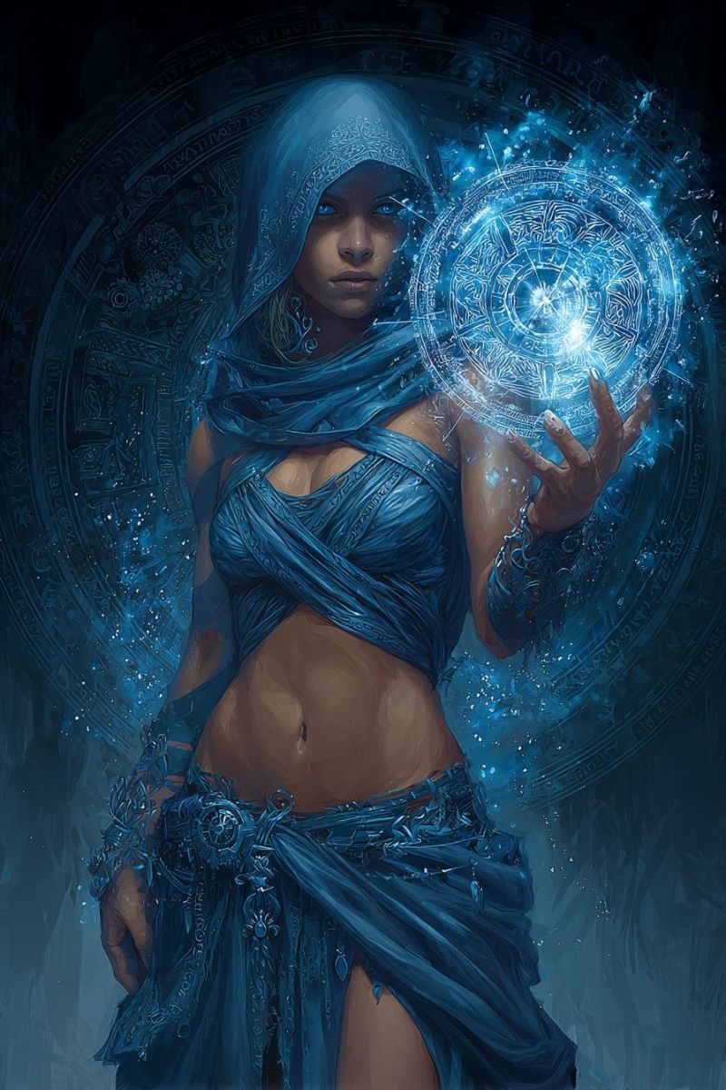 Woman fantasy magic sorceress hoodie blue warrior girl A woman stands confidently, her body partially obscured by a flowing blue cloak. She wears a blue hooded garment with intricate designs, and her hair is partially covered by the hood. She holds a glowing blue orb in her right hand, which emits a soft light. Her left hand rests on her hip, and she wears a blue skirt with decorative elements. The background features a circular design with ancient symbols and a dark, mystical atmosphere.