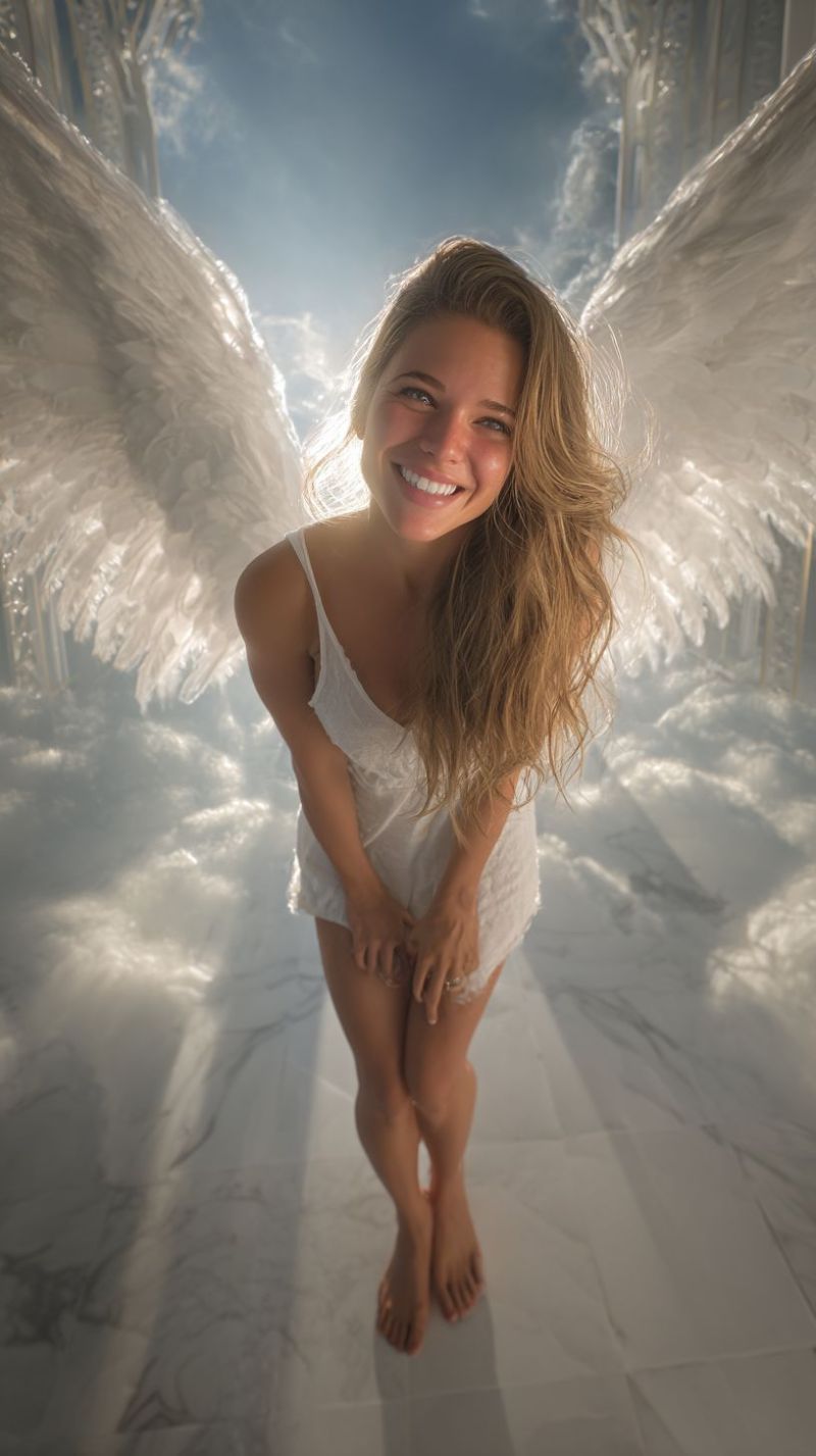 Ange femme sourire ailes ciel nuages celeste divin beaute inspiration foi espoir joie liberte grace angelique spirituel Une femme aux longs cheveux blonds se tient pieds nus sur une surface blanche, probablement un sol en marbre. Elle porte une robe blanche sans manches et a une bague à son doigt. Elle sourit et semble poser pour une photographie. Derrière elle, il y a de grandes ailes blanches qui ressemblent à celles d'un ange. Le fond est un mélange de blanc et de bleu, avec une touche de nuages. L'éclairage est vif et les ombres sont projetées sur le sol.