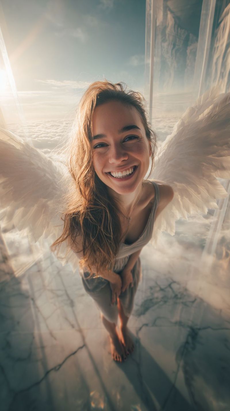 Angel woman smile wings heaven clouds sunlight fantasy dream inspiration freedom beauty divine ethereal grace hope imagination A woman with long, wavy hair is standing on a marble floor, smiling brightly. She has large, white angel wings attached to her back, and her feet are bare. She is wearing a sleeveless top and shorts. The background is a blend of a bright sky and clouds, with a hint of a mountain range. The light is soft and illuminating, casting a gentle glow on her and the surroundings.