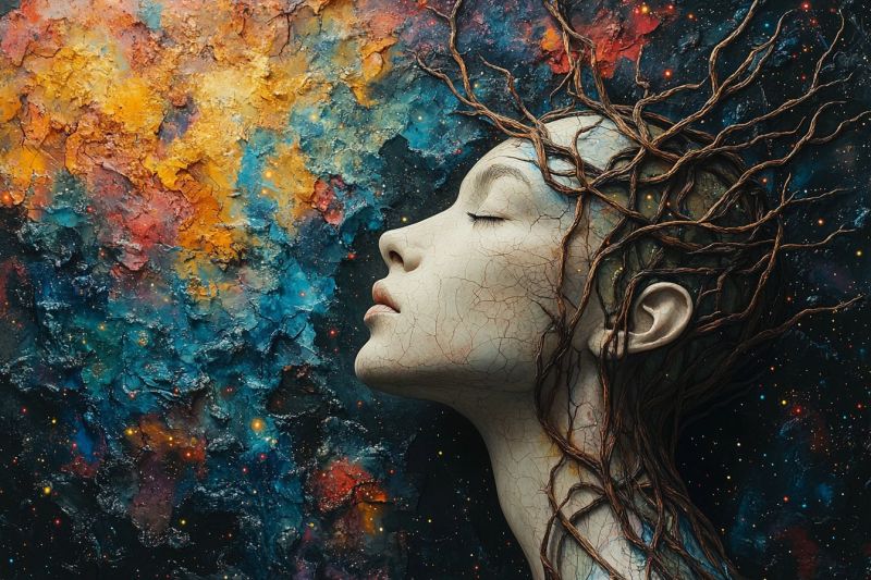 Science fiction fantasy figur humaine cheveux forme arbre spatiale decors cosmiques galactiques Une pièce d'art représentant une figure humaine avec un visage très détaillé et expressif, qui semble être composé de divers matériaux tels que la peinture ou le papier. Les cheveux de l'individu sont extrêmement tressés et stylisés pour ressembler à des racines, ce qui suggère un thème organique et naturel. Au-dessus de la tête de la figure, il y a plusieurs couleurs en mouvement dans un motif nébuleux, donnant l'impression d'objets célestes, peut-être des planètes ou des étoiles. Le visage lui-même a une expression réfléchie ou introspective, avec les yeux fermés et la bouche légèrement ouverte comme si on chuchotait ou chantait. La gorge de l'individu est visible et semble être composée des mêmes matériaux texturés que la tête. Le fond inclut des couleurs bleues vives et orange, ce qui contribue à l'atmosphère éthérale et mystique de l'art. La pièce peut symboliser des thèmes tels que la nature, le lien avec l'univers ou l'esprit humain lié à la nature.