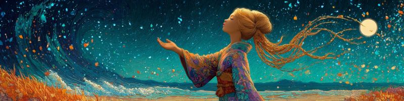 Fille nuit ciel lune etoiles eau vagues plage mer ocean nuages montagnes herbe fleurs papillons fantaisie onirique Une femme aux longs cheveux blonds flottants se tient sur une plage la nuit. Elle est vêtue d'une robe colorée et à motifs qui ressemble à une tenue traditionnelle. Ses cheveux sont agités par le vent, et elle regarde le ciel. Le ciel est sombre et rempli d'étoiles, et il y a une lune brillante au loin. La plage est entourée de hautes herbes sèches, et il y a une grande vague en arrière-plan. L'ambiance générale de l'image est sereine et magique.