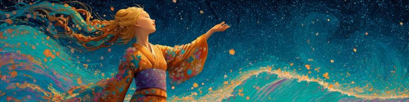 Femme fantaisie nuit cosmique celeste onirique ethere mystique lumineux vagues ocean etoile ciel Une femme aux longs cheveux blonds ondulés se tient gracieusement devant un ciel nocturne rempli d'étoiles. Elle porte un vêtement traditionnel et fluide aux teintes d'orange et de violet, orné de motifs complexes. Ses bras sont étendus et ses doigts légèrement incurvés, comme si elle tendait la main vers quelque chose. Le ciel derrière elle est d'un bleu profond, parsemé d'étoiles, avec des touches d'orange et de jaune qui suggèrent une qualité magique ou éthérée. Le fond présente également un motif ondulé, ajoutant au sentiment de mouvement et de fluidité. La scène globale évoque un sentiment d'émerveillement et d'aspiration, comme si la femme était dans un moment de transcendance ou de connexion avec l'univers.
