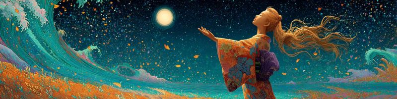Femme nuit lune etoile ciel vague ocean nuage fleur papillon fantaisie mer plage reve imagination Une femme aux longs cheveux flottants se tient sur une plage sous un ciel nocturne rempli d'étoiles. Elle est vêtue d'un kimono japonais traditionnel orné de motifs vibrants. Ses bras sont étendus et elle regarde vers la lune, qui est brillante et pleine. Les vagues de l'océan derrière elle sont grandes et dramatiques, avec un mélange de teintes bleues et blanches. Le ciel est d'un bleu profond, parsemé d'étoiles et de quelques feuilles éparpillées, ajoutant à l'atmosphère sereine et mystique de la scène.