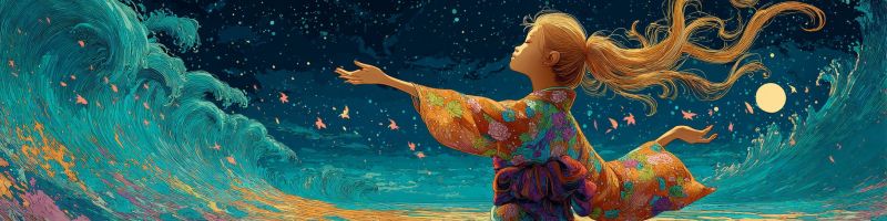 Fille aquarelle fantaisie vagues nuit lune etoiles papillons ocean reve cheveux robe plage ciel Une jeune fille se tient sur le rivage d'un vaste océan sous un ciel nocturne. Elle a de longs cheveux blonds ondulés qui flottent derrière elle comme pris dans une brise. Elle est vêtue d'un kimono japonais traditionnel coloré orné de motifs floraux. Ses bras sont étendus et elle semble regarder la lune, pleine et brillante, projetant une douce lueur sur la scène. Les vagues de l'océan sont grandes et dramatiques, avec des nuances de bleu et de vert, et elles semblent s'écraser contre le rivage. Le ciel est sombre, avec des étoiles qui scintillent faiblement, ajoutant à l'atmosphère sereine et magique de la scène.