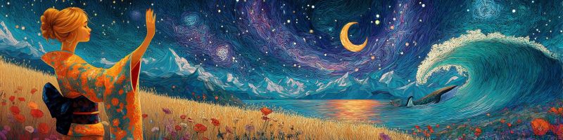 Nuit femme ocean vague montagne fleurs etoiles lune ciel eau nuages plage coucher soleil horizon reve Dans le tableau, une femme se tient dans un champ d'herbes hautes et de fleurs, vêtue d'un kimono japonais traditionnel. Elle lève les yeux vers le ciel nocturne, les bras tendus comme si elle essayait d'atteindre les étoiles. Le ciel est rempli d'un éclat vibrant d'étoiles, d'une lune croissante et d'une galaxie tourbillonnante. Au loin, une grande vague s'écrase contre le rivage, avec une silhouette de baleine visible dans l'eau. L'arrière-plan présente une majestueuse chaîne de montagnes sous un ciel étoilé, créant une atmosphère sereine et mystique.