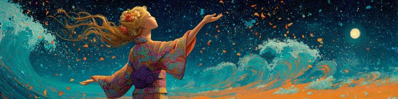 Femme nuit ciel lune vagues ocean eau nuages etoiles fleurs robe cheveux bras etendus lueur fantaisie Une femme se tient sur une plage la nuit, ses longs cheveux flottant dans le vent. Elle porte un kimono coloré et à motifs qui flotte autour d'elle. Ses bras sont étendus, et elle semble regarder la lune, qui est brillante et pleine dans le ciel nocturne. Le ciel est d'un bleu profond, parsemé d'étoiles, et les vagues de l'océan se brisent autour d'elle, illuminées par la lumière de la lune. La scène est vibrante et dynamique, avec un sentiment de mouvement et d'énergie.