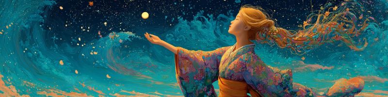 Femme etoiles lune fantaisie cosmique espace reveur celeste ethere mystique lueur vagues ocean cheveux nuit ciel Une femme aux longs cheveux blonds ondulant se tient debout contre un ciel de nuit vibrant et étoilé. Elle est vêtue d'un kimono japonais traditionnel coloré orné de motifs complexes. Ses cheveux semblent être pris dans une douce brise, flottant gracieusement derrière elle. Elle regarde vers le haut, les yeux fermés, comme si elle essayait de toucher une lune brillante et lumineuse dans le ciel. Le ciel est d'un bleu profond, rempli d'étoiles et de quelques lumières scintillantes, créant une atmosphère magique et sereine. Le fond présente un motif ondulé, ajoutant à la qualité éthérée de la scène.