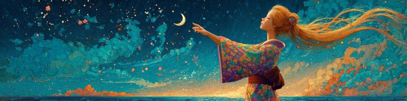 Femme nuit fantaisie oeuvre fille decor Une femme aux longs cheveux blonds flottants se tient sur une plage la nuit. Elle est vêtue d'un kimono coloré et à motifs avec une ceinture autour de sa taille. Ses cheveux sont emportés par le vent, et elle lève les yeux vers le ciel, tendant sa main vers une lune croissante. Le ciel est d'un bleu profond avec des nuages tourbillonnants et des étoiles, et il y a une touche de coucher de soleil en arrière-plan, créant une atmosphère sereine et magique.