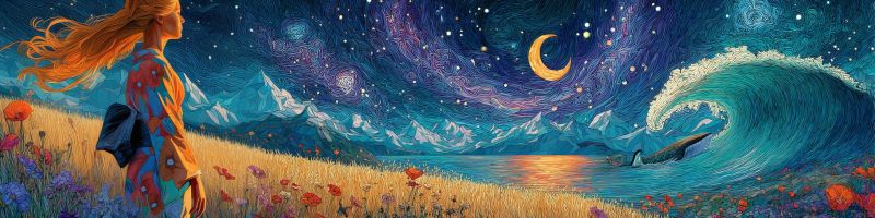 Nuit ocean vague montagne ciel etoiles lune fleurs fille eau nuages reve fantaisie Au premier plan, une femme aux longs cheveux flottants se tient dans un champ d'herbe haute et de fleurs vibrantes. Elle est vêtue d'une robe colorée et à motifs et porte un sac noir. Le champ est parsemé de fleurs rouges et violettes, ajoutant des touches de couleur à la scène. À sa gauche, le sol est couvert d'un mélange de fleurs et d'herbe, tandis qu'à sa droite, l'herbe est plus dorée. En arrière-plan, un croissant de lune brille dans le ciel, entouré d'une multitude d'étoiles. Le ciel est d'un bleu profond, passant à la nuit. Des montagnes sont visibles au loin, leurs sommets poudrés de neige. L'océan est calme, avec une grande vague approchant du rivage, et une baleine peut être vue nageant dans l'eau.