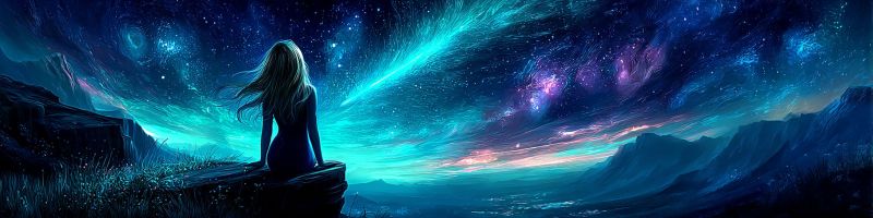 Nuit ciel etoiles montagne nuage galaxie espace univers horizon obscurite reflet atmosphere Une femme aux longs cheveux flottants est assise sur une falaise rocheuse, contemplant le ciel nocturne. Le ciel est d'un bleu profond avec des teintes violettes et roses vibrantes, rempli d'étoiles et d'une galaxie. L'arrière-plan présente un paysage montagneux avec une touche de coucher de soleil à l'horizon. La scène est sereine et mystique, la femme apparaissant contemplative et en harmonie avec l'univers.