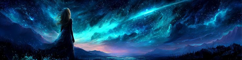 Montagnes nuages eau horizon coucher soleil femme fantaisie nature astronomie celeste reveur ethere mystique nuit ciel etoile espace Une femme aux longs cheveux flottants se tient sur une colline herbeuse sous un ciel nocturne rempli d'étoiles. Elle porte une longue robe fluide qui semble se fondre avec la nuit. Le ciel est d'un bleu profond avec des nuages tourbillonnants et une traînée de lumière, peut-être une comète ou une étoile filante. Au loin, il y a des silhouettes de montagnes et un plan d'eau, avec l'horizon affichant un mélange de teintes orange et bleues, indiquant soit l'aube soit le crépuscule. La scène est sereine et mystique, avec un sentiment de calme émerveillement.