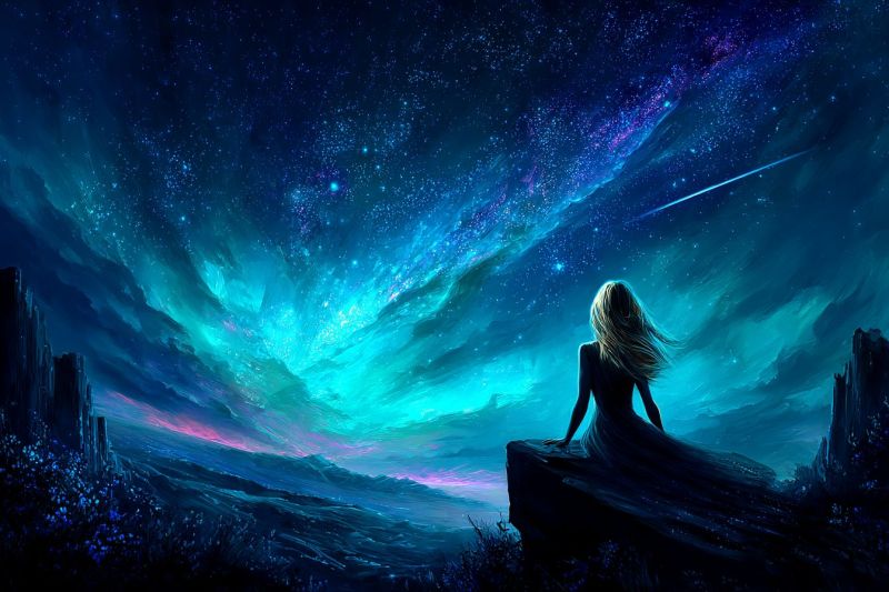 Femme fantaisie reveur montagne nuages meteore galaxie univers cosmique celeste astral ethere mystique magique imagination nuit ciel etoile espace Une femme aux longs cheveux flottants est assise sur un rocher, contemplant le ciel nocturne. Le ciel est rempli d'étoiles et d'une traînée de lumière, peut-être une étoile filante. Le ciel est d'un bleu profond avec des touches de violet et de rose, créant une atmosphère rêveuse et magique. La silhouette de la femme est éclairée par la lumière des étoiles, et elle semble perdue dans ses pensées, admirant la beauté du ciel nocturne. L'arrière-plan présente un paysage rocheux avec quelques petites plantes, ajoutant au sentiment d'isolement et d'émerveillement.