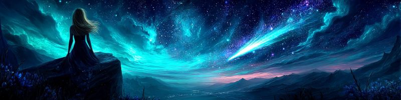 Nuit ciel etoile nuage montagne horizon obscurite espace comete meteore trainee lueur reflexion atmosphere astronomie Une femme aux longs cheveux flottants se tient sur une falaise rocheuse, contemplant le ciel nocturne. Sa silhouette se détache sur un fond de ciel étoilé vibrant rempli de nuages et d'une comète brillante qui traverse les cieux. Le ciel passe des bleus profonds aux violets et roses plus clairs, suggérant le début de l'aube. En dessous d'elle, le paysage est montagneux, avec une vallée s'étendant au loin. La scène est éclairée par la douce lueur des étoiles et de la comète, créant une atmosphère magique sur l'ensemble de l'image.