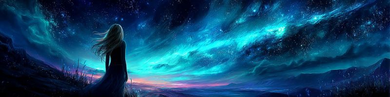 Nuit ciel etoile nuage montagne horizon obscur espace galaxie univers astronomie celeste atmosphere Une femme aux longs cheveux flottants se tient seule sur une colline herbeuse sous un vaste ciel nocturne étoilé. Sa silhouette est éclairée par le doux éclat des étoiles et des nébuleuses. Le ciel est d'un bleu profond avec des touches de violet et de rose, suggérant la transition de la nuit à l'aube. Le sol sous elle est rocheux, et au loin, il y a des silhouettes de montagnes. La scène générale est sereine et mystique, avec un sentiment de solitude et d'émerveillement.