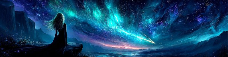 Nuit ciel etoile nuage montagne eau roche mer aurore meteore comete galaxie univers fantaisie reve illusion imagination espace Une femme aux longs cheveux flottants se tient sur une falaise rocheuse, contemplant un ciel nocturne à couper le souffle. Le ciel est d'un bleu profond, parsemé d'innombrables étoiles, et présente une aurore boréale vibrante aux teintes de vert et de violet. Une étoile filante traverse le ciel, ajoutant une touche de magie. L'arrière-plan comprend des montagnes escarpées et un plan d'eau serein, avec l'horizon peint de douces nuances de rose et d'orange, suggérant la fin d'une journée ou le début d'une nouvelle.