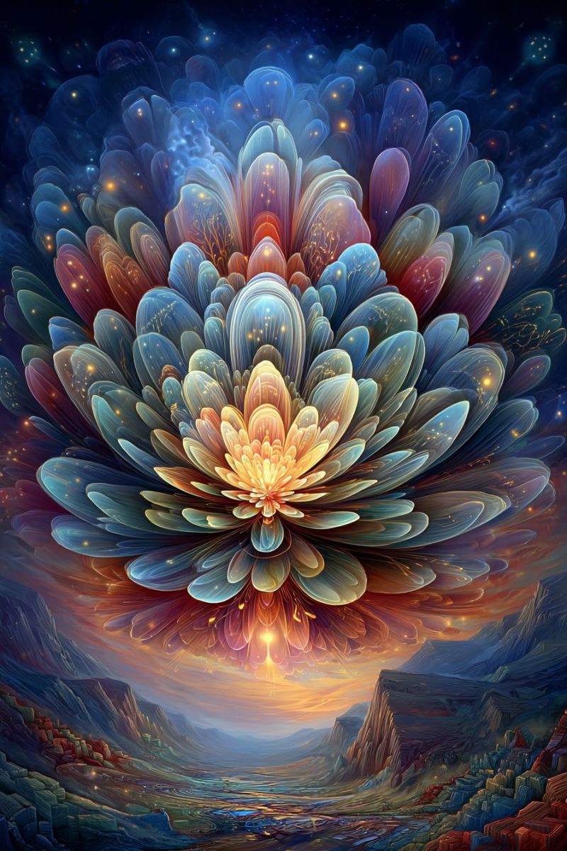 Flower painting colorful nature sky mountains water reflection sun clouds stars cosmos universe dreamlike imagination fantasy large, vibrant flower at the center, surrounded by a swirling array of petals in various shades of blue, purple, and red. The flower itself has a golden-yellow center with intricate, layered petals that seem to glow softly. The background is a deep, dark blue sky filled with twinkling stars and a hint of a sunset, creating a gradient of colors from orange to purple. Below the flower, there is a landscape with rocky cliffs and a serene body of water, possibly a river or a lake, reflecting the colors of the sky. The overall scene is surreal and dreamlike, with a sense of depth and movement.
