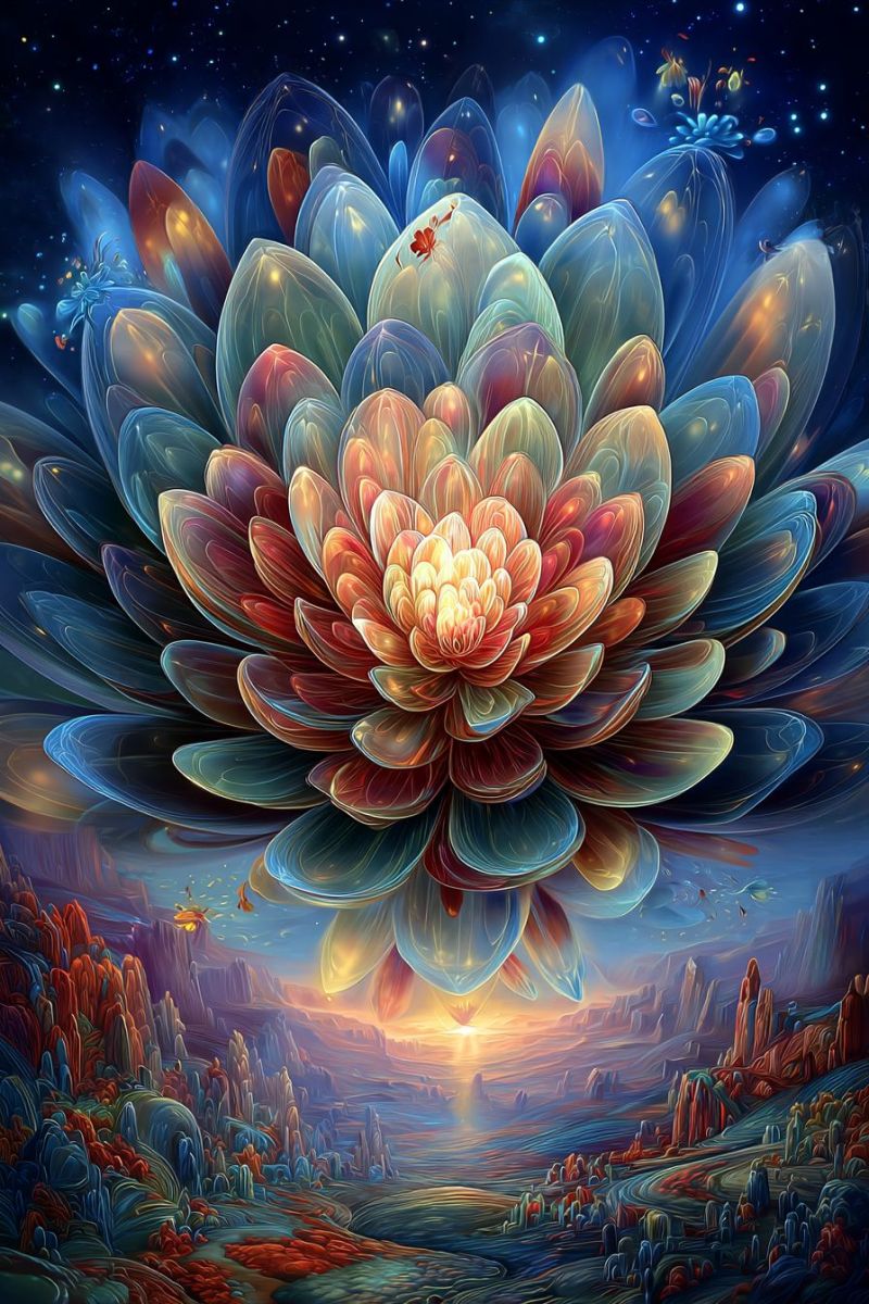 Fleur fantaisie floral fractal geometrique imagination moderne nature realisme ciel espace eau Une peinture vibrante et abstraite présente une grande fleur à plusieurs couches flottant dans le ciel. La fleur est composée de nombreux pétales superposés dans des nuances de bleu, violet, orange et jaune, avec un centre jaune vif. Les pétales ont une qualité brillante, presque translucide, réfléchissant la lumière et créant un effet scintillant. Le fond est un ciel bleu profond parsemé d'étoiles, et il y a des indices d'un coucher ou lever de soleil à l'horizon, projetant une lueur chaude sur le paysage en contrebas. Le paysage comprend des formations rocheuses surréalistes et un plan d'eau, et la scène globale dégage un sentiment de merveille et de fantaisie.