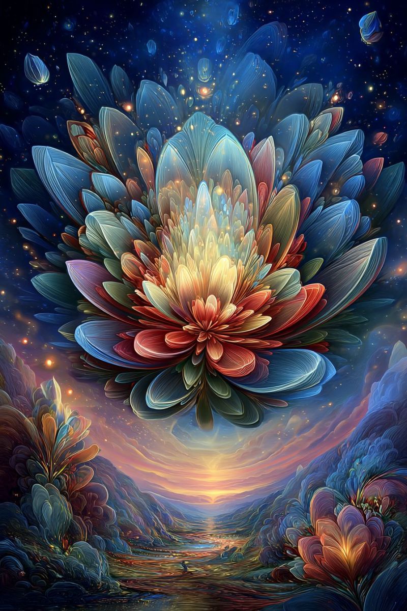 Flower painting colorful fantasy dream night sky stars water mountain sunset clouds reflection watercolor A vibrant, abstract digital artwork features a large, multi-layered flower floating in the center of a dark, starry sky. The flower is composed of various shades of blue, red, yellow, and green, with petals that appear to be made of glass or crystal, reflecting light. The petals are intricately detailed, with some appearing to be translucent. The background is a deep blue, dotted with stars and small glowing orbs. Below the flower, there is a landscape with a river flowing through it, leading to a sunset on the horizon. The sky transitions from dark blue to warm orange and pink hues near the horizon. The overall scene is surreal and dreamlike, with a sense of movement and depth.
