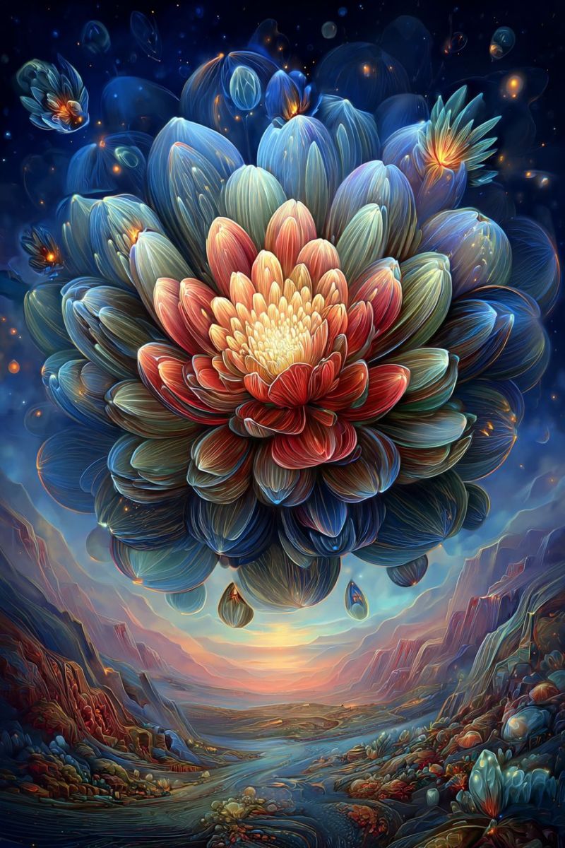 Flower painting colorful fantasy dreamlike imagination watercolor bubbles night sky stars mountains river rocks crystals glow A vibrant, surreal painting features a large, multi-layered flower floating in a dark, starry sky. The flower is composed of numerous petals in shades of blue, red, and yellow, with a glowing yellow center. Surrounding the flower are smaller, translucent bubbles and droplets, adding to the ethereal atmosphere. Below the flower, a landscape unfolds with rocky terrain, a winding river, and a horizon where the sky transitions from dark blue to warm, golden hues, suggesting either dawn or dusk. The overall scene is rich in color and texture, blending elements of nature and fantasy.