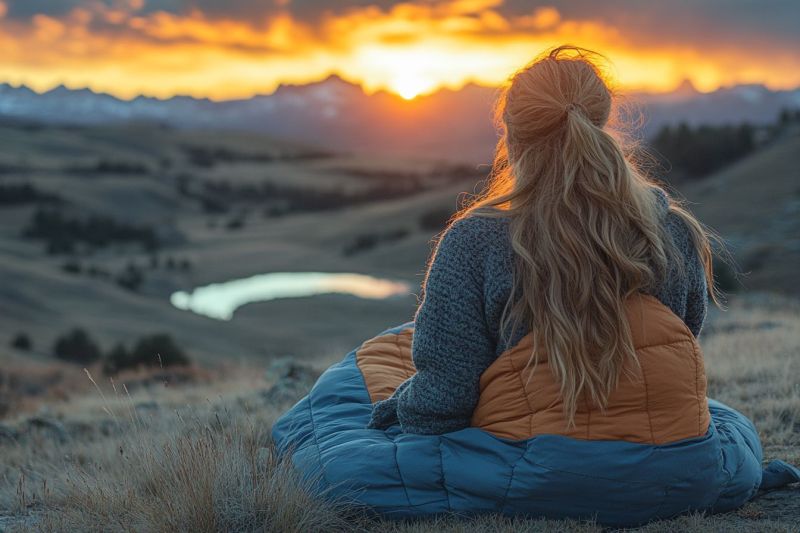 Woman backpack camping mountain lake sunset sky nature outdoors adventure hiking travel exploration wilderness reflection grass trees horizon sleeping A woman with long blonde hair tied in a ponytail sits on a blue sleeping bag in a grassy field. She wears a gray sweater and an orange sleeping bag. The sun sets behind her, casting a warm glow on the mountains and sky. A small lake reflects the sunset, and the landscape is surrounded by trees and bushes.