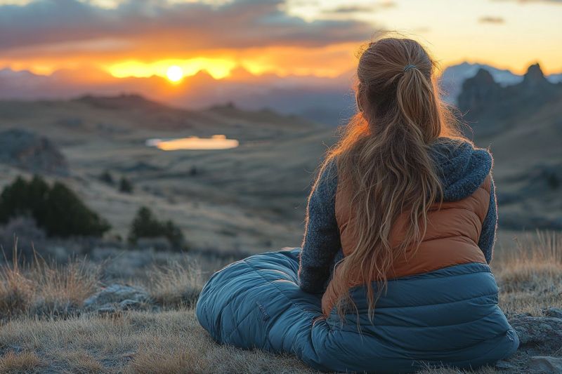 Woman backpack camping mountain sunset nature outdoors adventure hiking travel exploration wilderness sky horizon grass trees lake reflection sleeping A woman with long blonde hair is sitting on the ground, likely in a mountainous area. She is wearing a blue jacket with an orange vest underneath, and she has a sleeping bag around her. She is looking towards the sunset, which is casting a warm glow on the landscape. The sun is setting behind the mountains, and the sky is a mix of orange and pink hues. The ground is covered with grass, and there are some trees and bushes in the distance.
