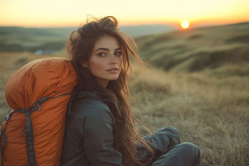 Woman backpack outdoors sunset adventure hiking nature travel mountain field grass sky sun jacket pants sitting hair A woman with long, wavy hair is sitting on a grassy field, likely in a mountainous area. She is wearing a green jacket and pants, and has a large orange backpack behind her. She is looking to the right, possibly at the setting sun, which is visible in the background. The sun is setting on the horizon, casting a warm glow on the landscape. The sky is a mix of orange and pink hues, indicating the end of the day. The woman's expression is calm and serene, as if she is enjoying the peaceful moment.
