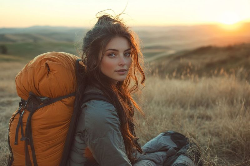 Woman backpack outdoors sunset hiking adventure nature travel exploration freedom wilderness mountains grass sky sun field horizon beauty A woman with long, wavy hair is sitting on the ground in a grassy field, wearing a gray jacket and a large orange backpack. She is looking to the right, possibly posing for a photo. The sun is setting in the background, casting a warm glow on the landscape. The field is surrounded by hills, and the sky is a mix of orange and pink hues.