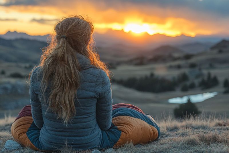 Woman mountain sunset sky nature outdoors camping backpack hiking adventure travel exploration freedom solitude meditation inspiration beauty sleeping A woman with long blonde hair tied in a ponytail sits cross-legged on a grassy hill, facing the sunset. She wears a blue jacket and has a sleeping bag beside her. The sun sets behind a mountain range, casting a warm glow on the landscape. In the distance, there is a small body of water, possibly a lake or river, surrounded by trees and bushes. The sky is a mix of orange, pink, and blue hues, creating a serene and picturesque scene.